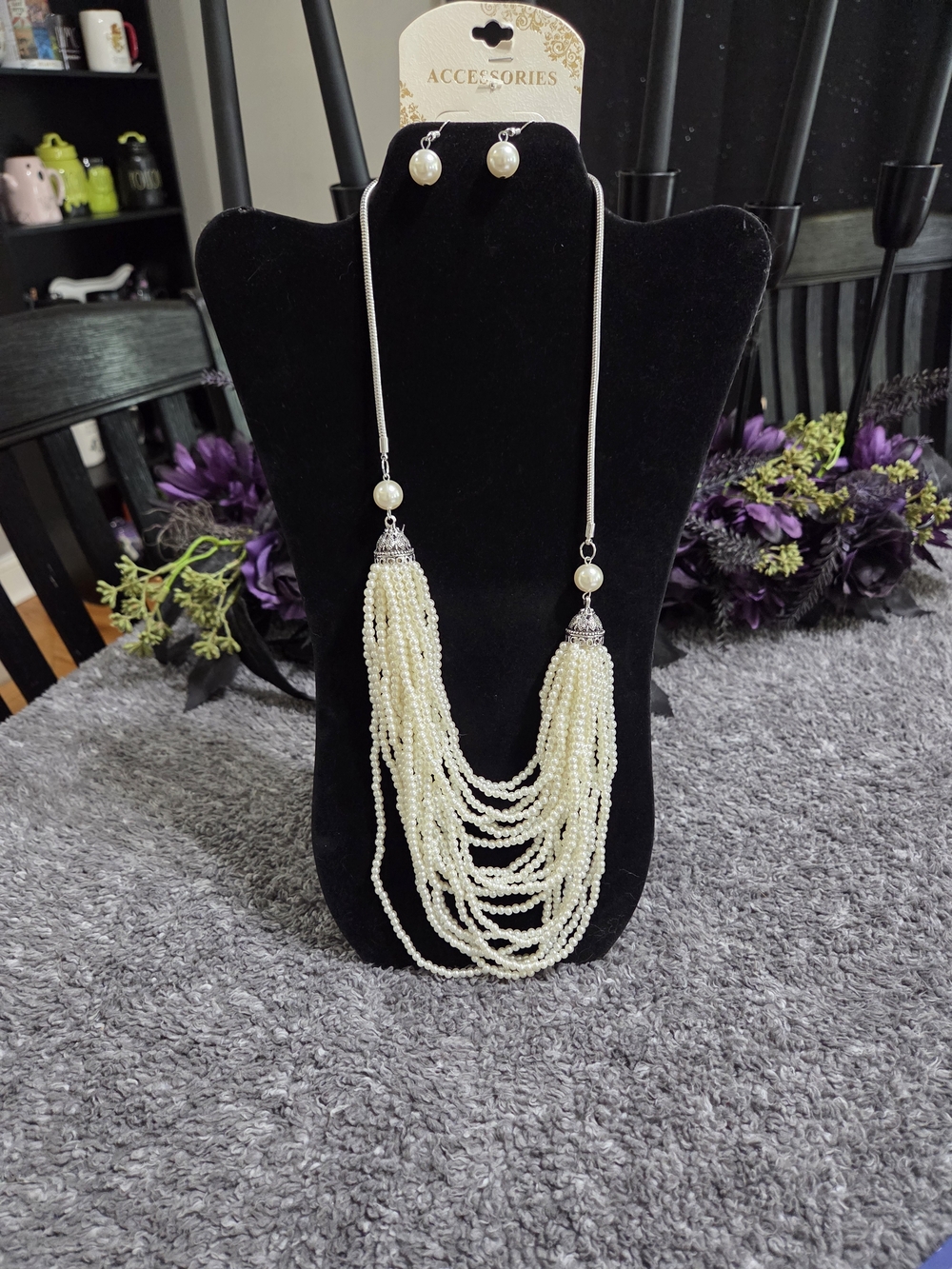 Accessorize Cream Pearl Multi-Strand Tassel Necklace with Earrings